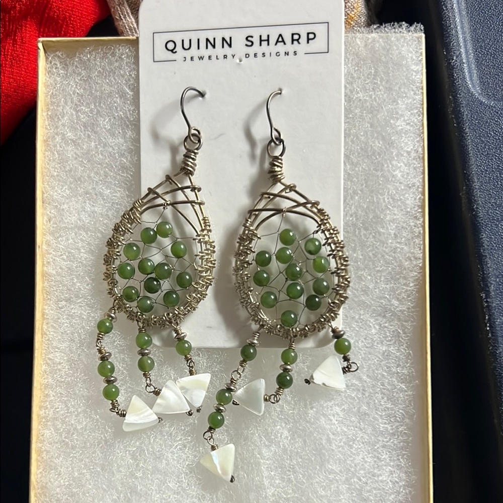 Green and Silver Teardrop Dangle Earrings